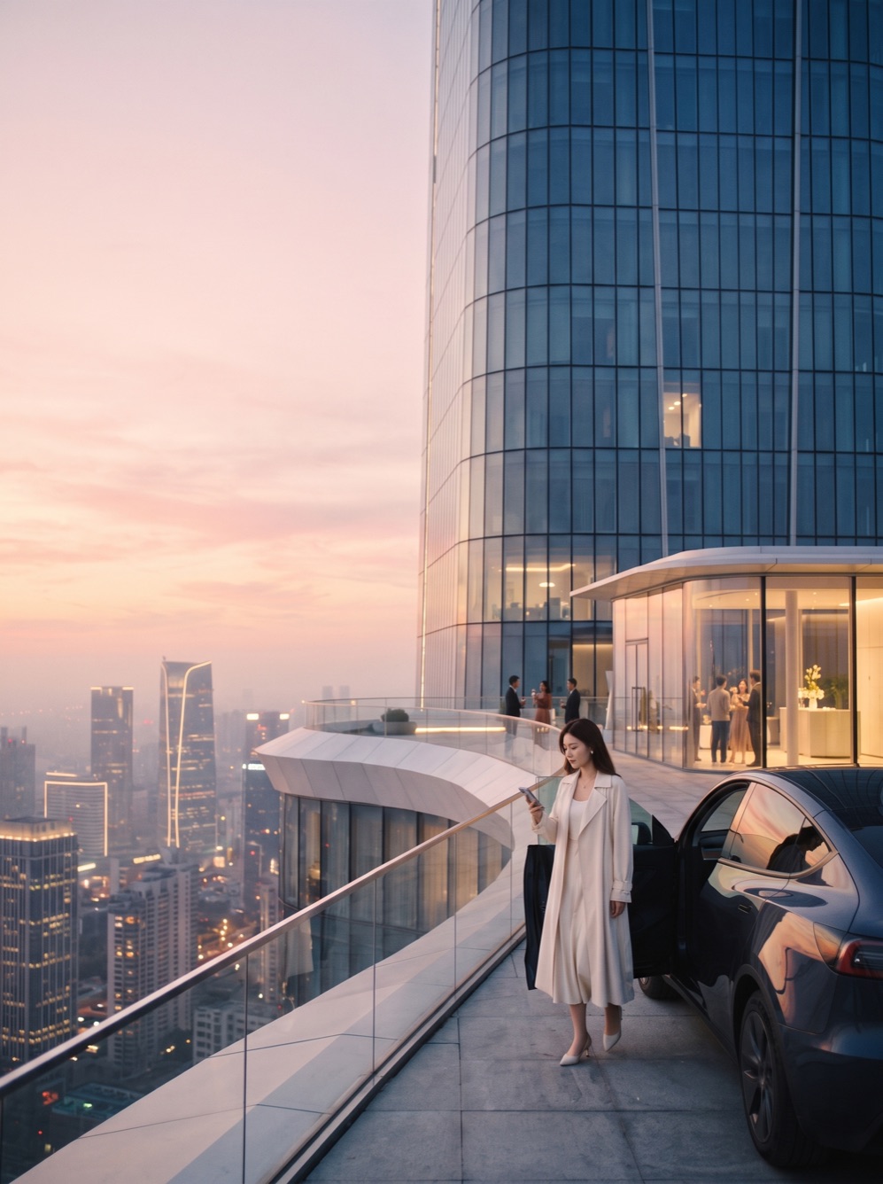 Dusk on a tower rooftop over a glowing skyline; a woman steps from her car toward a launch party in a glass pavilion.