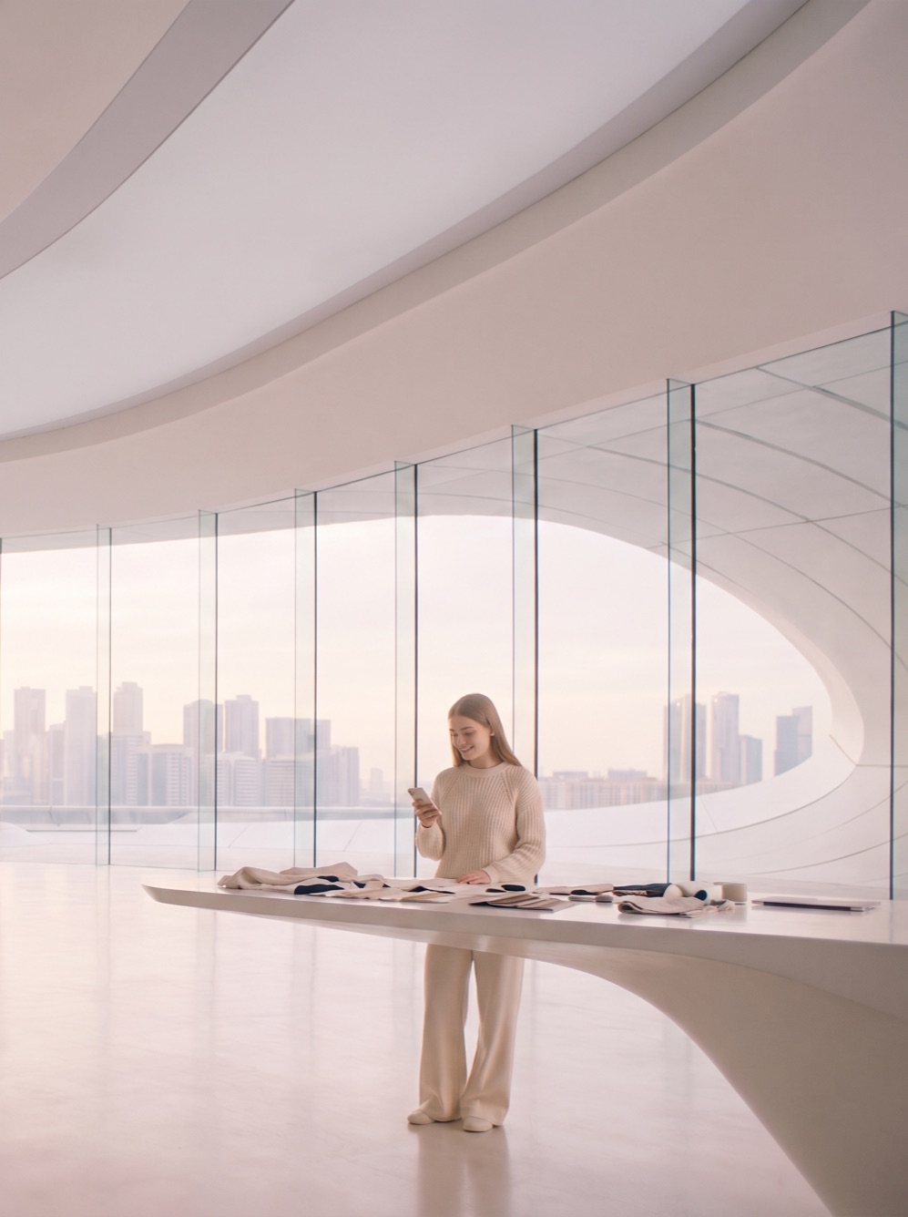 Morning in a vast white studio of flowing curves and glass above the city; a young designer smiles at her phone.